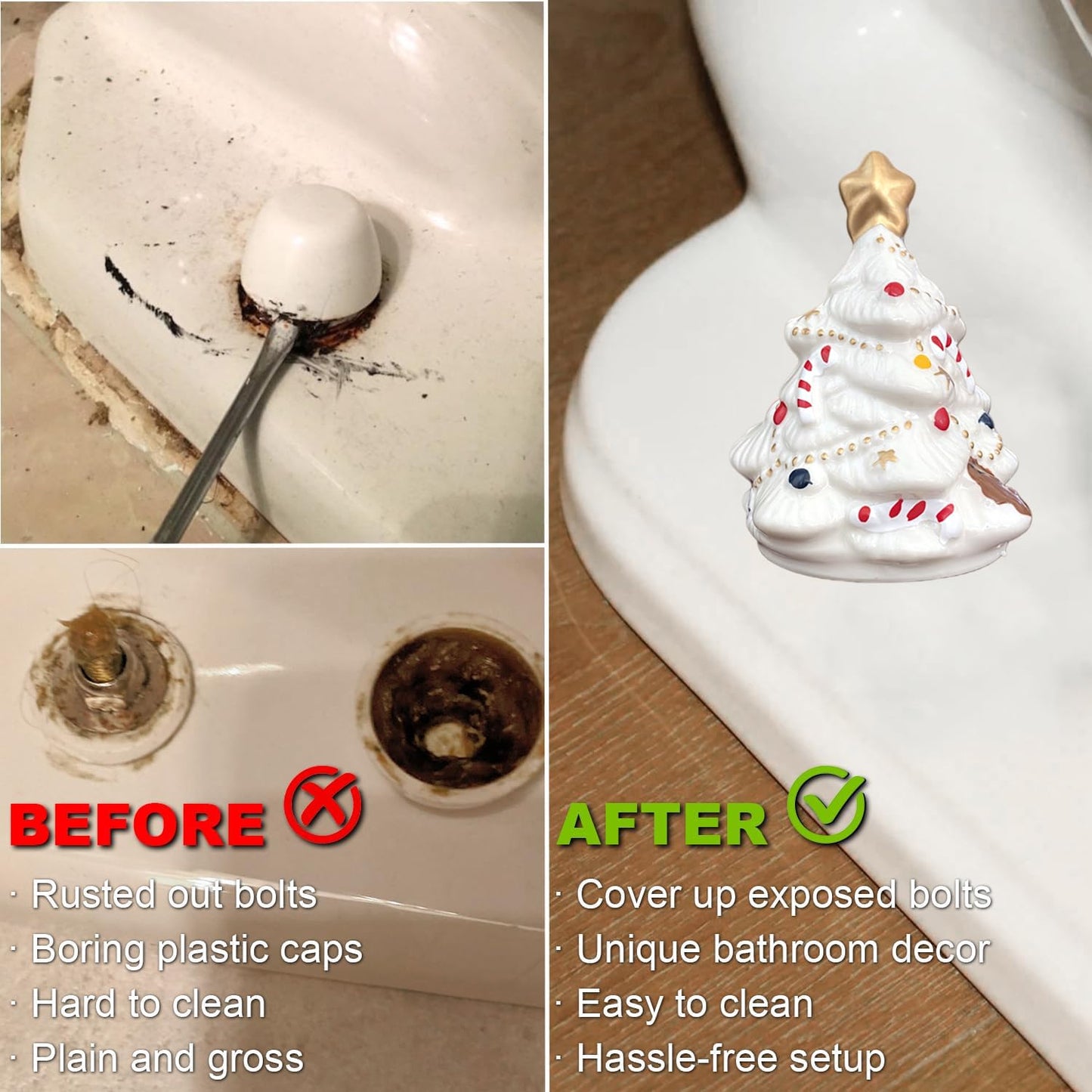 2Packs Christmas Tree Toilet Bolt Covers Decorative Tall Toilet Bolt Caps for Christmas Bathroom Decor, Toilet Caps for Bottom of Toilet, Ceramic Toilet Screw Cover Caps, Easy Installation (White-A)