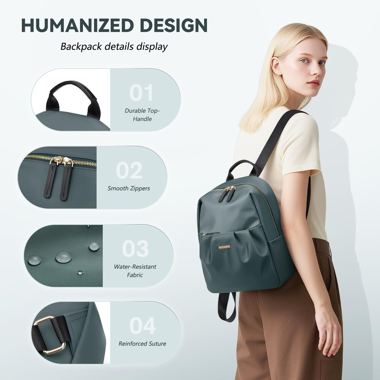 GOLF QUALITY Small Backpack for Women, Cute Backpack Casual Work Daypack Purse for College Travel, fit 9.7 Inch, Dark Green