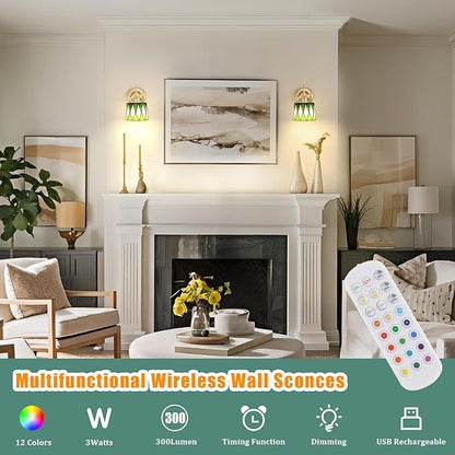 Vintage Battery Operated Wall Sconce Set of 2, 5000mAh Rechargeable Wall Lamp 12 RGB Colors Dimmable, Gold Lights Fixture for Bedroom Bathroom Living Room Hallway Green Checker