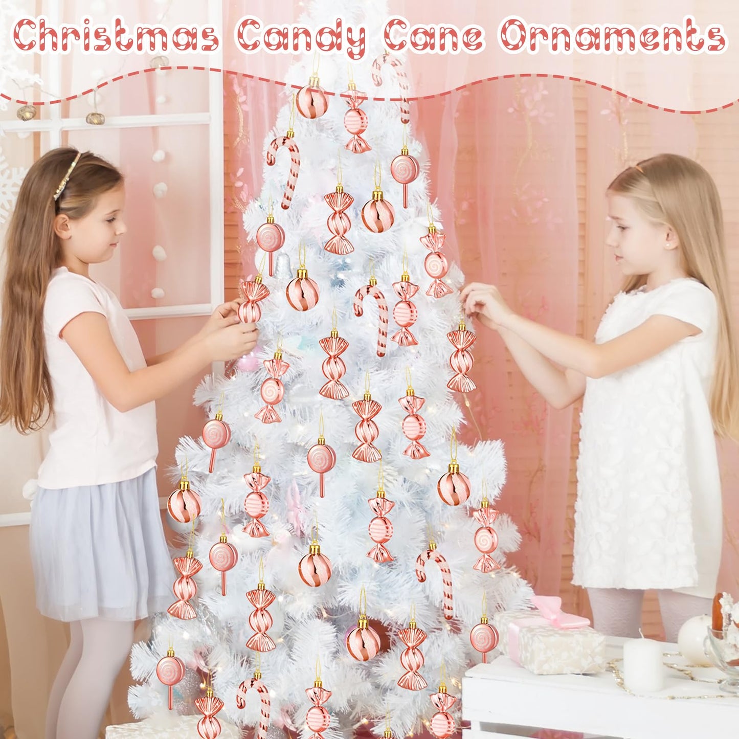 Liliful 30 Pcs Christmas Candy Cane Lollipop Ornaments Set Plastic Holiday Peppermint Candy Home Hanging Ornament Lollipop with Rope for Xmas New Year Party Decor(Rose Gold White)
