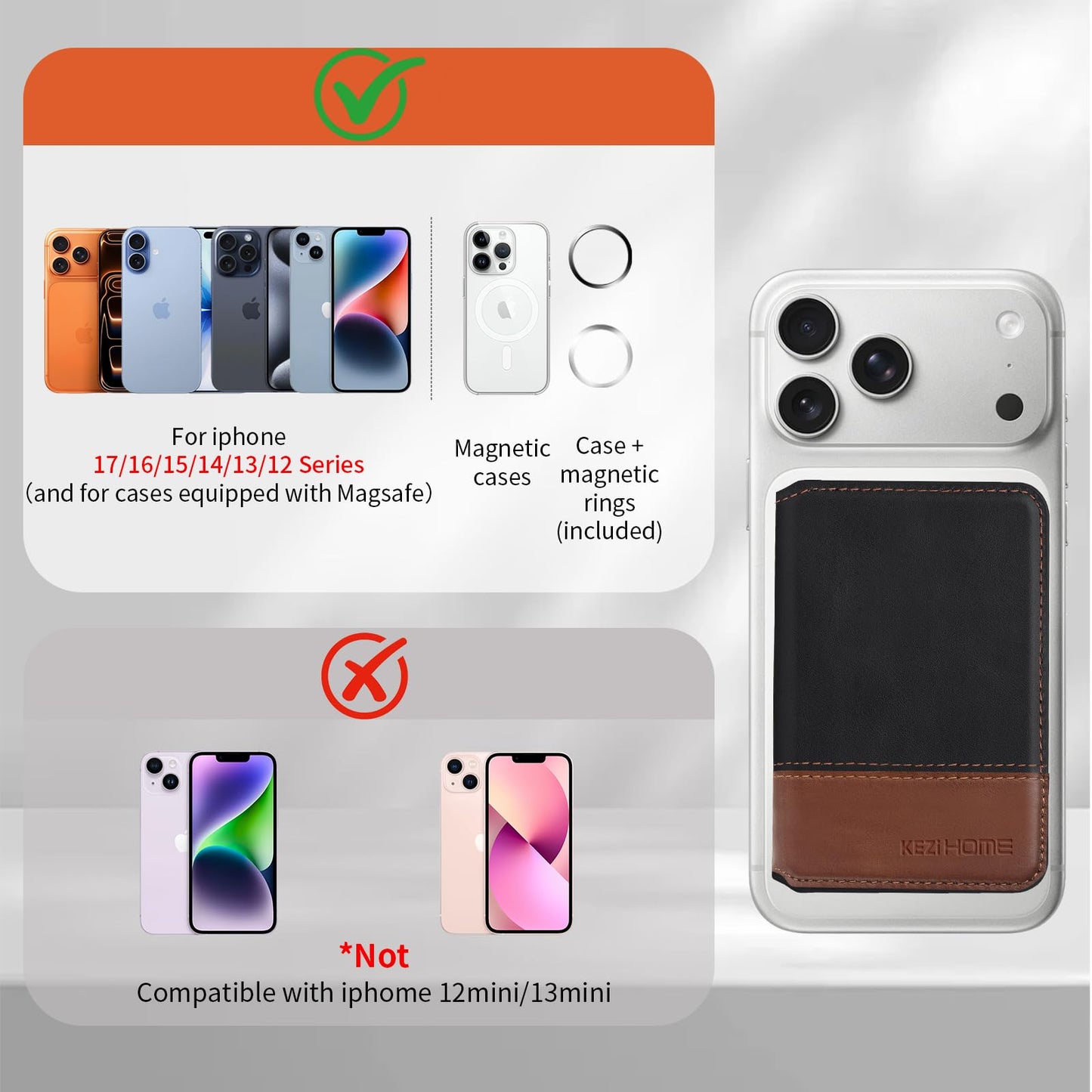 KEZiHOME for MagSafe Wallet with Stand, Genuine Leather 6 Card Holders[RFID Blocking] Minimalist Magnetic Wallet for iPhone 17/16/15/14/13/12 Series with MagSafe Phone Case (Black/Brown)