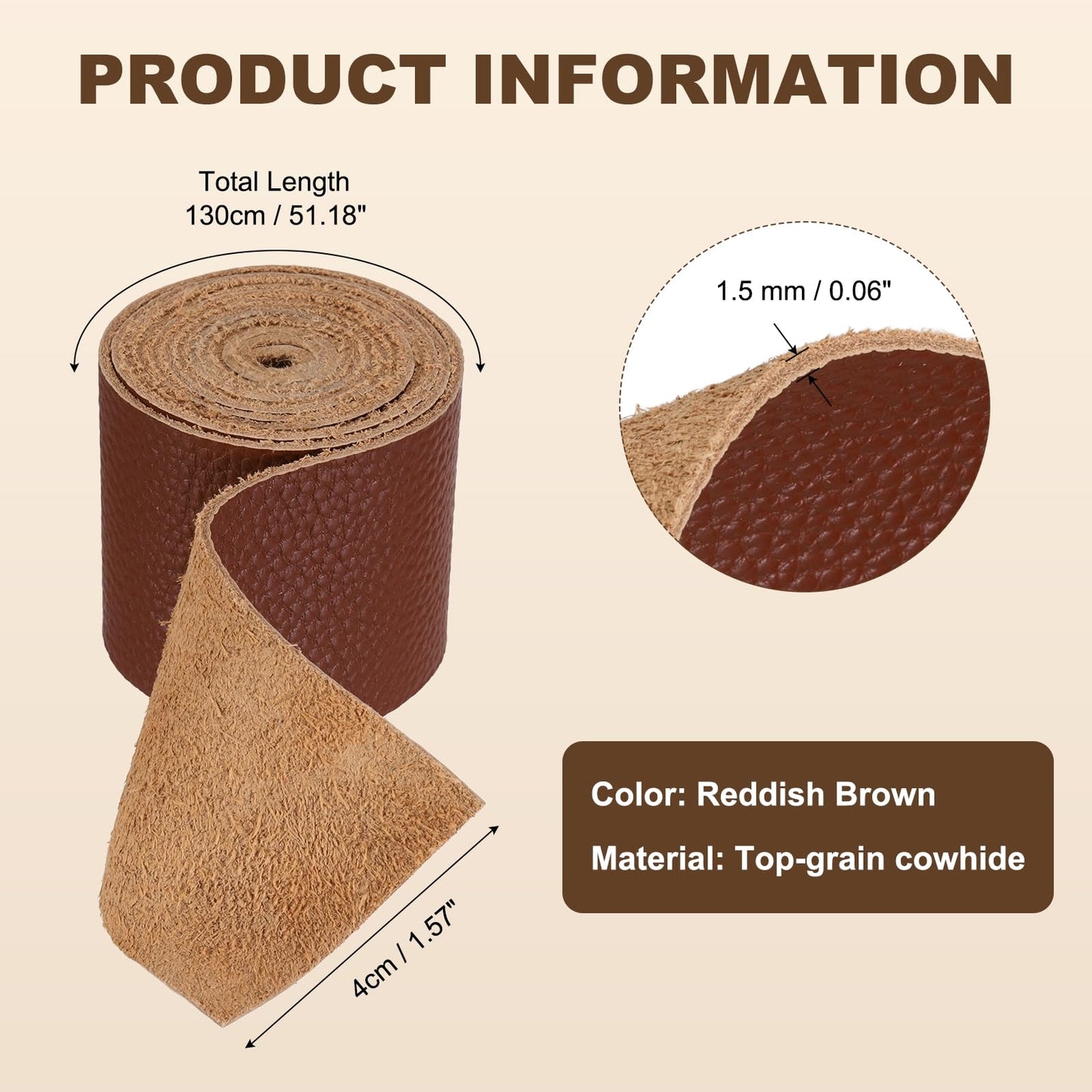 MECCANIXITY Leather Craft Belt Blanks, 40mm(1.6") Wide x 51" Full Grain Strip 3-4oz 1.5mm Thick Vegetable Tanned Leather Strips for DIY Belt Making Craft Making Tool Processing, Reddish Brown