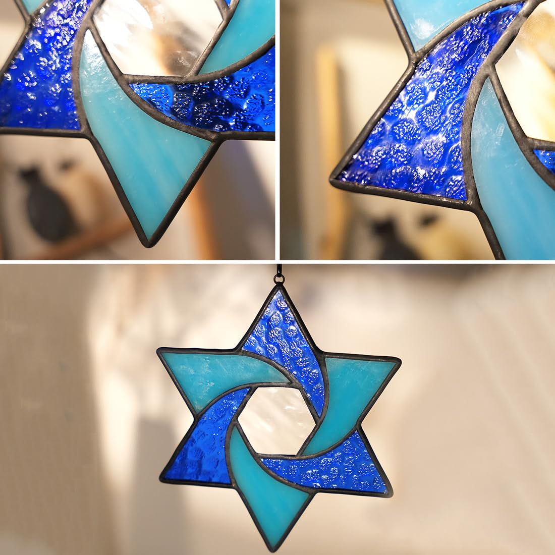 BOXCASA Star of David Stained Glass Suncatcher Window Hanging Jewish Decor