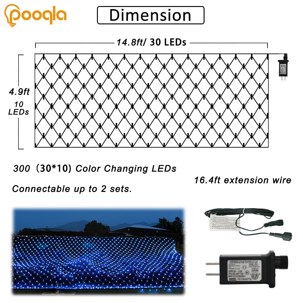 Pooqla Net Lights, 300LED Christmas Outdoor Mesh Light, 14.8x4.9 ft Fairy String Light with 8 Modes Green Wire, Connectable Waterproof for Bushes Tree Garden Christmas Decor, Blue