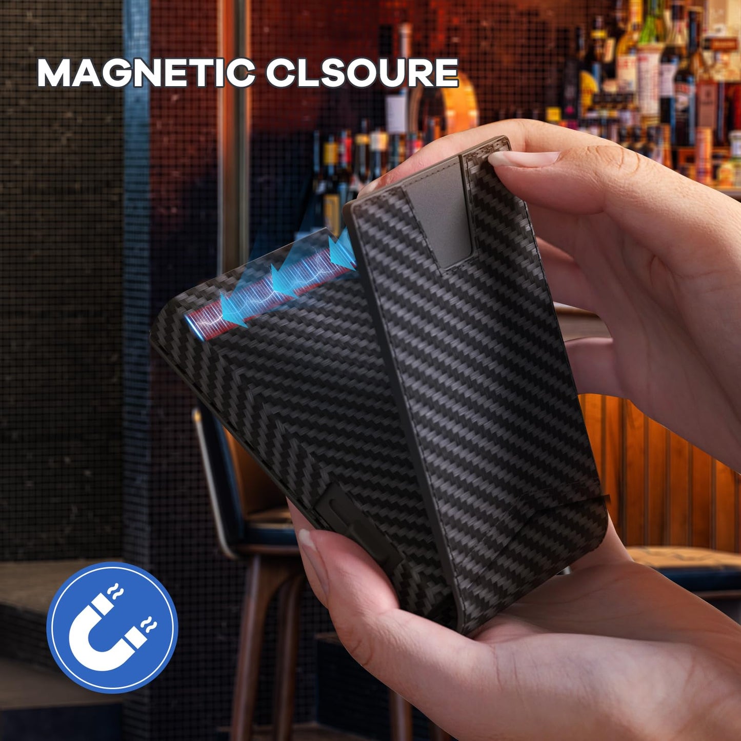 HLHGR Wallet for Men, Gift Boxed Slim Minimalist Wallet for Men with Money Clip and Genuine Leather Slots RFID Blocking Pop Up Metal Aluminum Smart Wallet Card Case (Carbon Fibre Black)