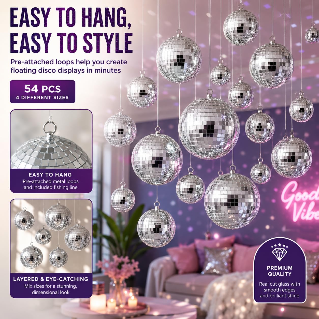 Youdepot 54PCS Mini Silver Disco Balls – Hanging Disco Ball Ornaments for Disco Ball Decor, Mini Disco Balls for Disco Party Decorations, Weddings, Rooms, Cakes & Disco Christmas Decor