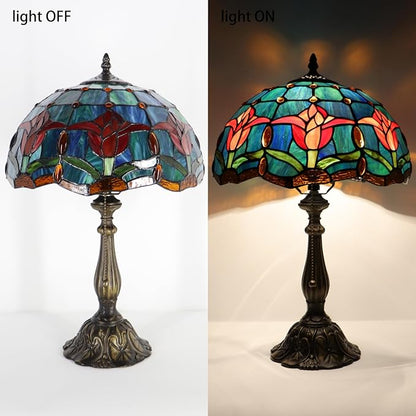 Tiffany Lamp Stained Glass Table Lamp Bedside Reading Light W12H19 Inches (Tulip Style)