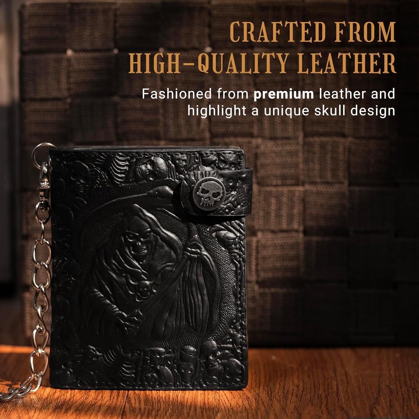 ZEKEE Skull Gothic Chain Wallet Leather - Punk Bifold Halloween Goth Accessories | Unisex, Black