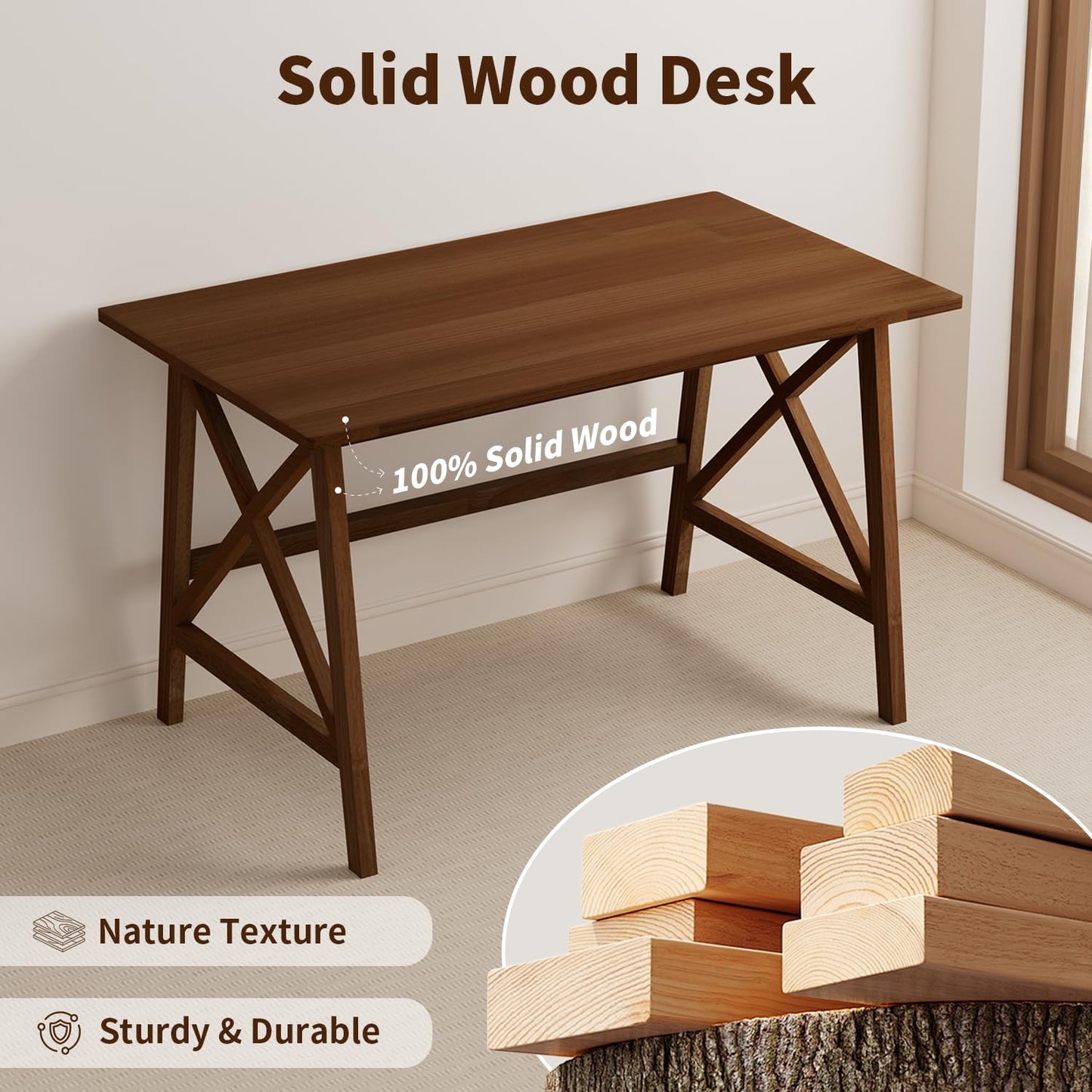 NELYE Modern Solid Wood Desk - 42" Simple Computer Table for Home Office Study Writing Workstation in Walnut, 42" W x 24" D