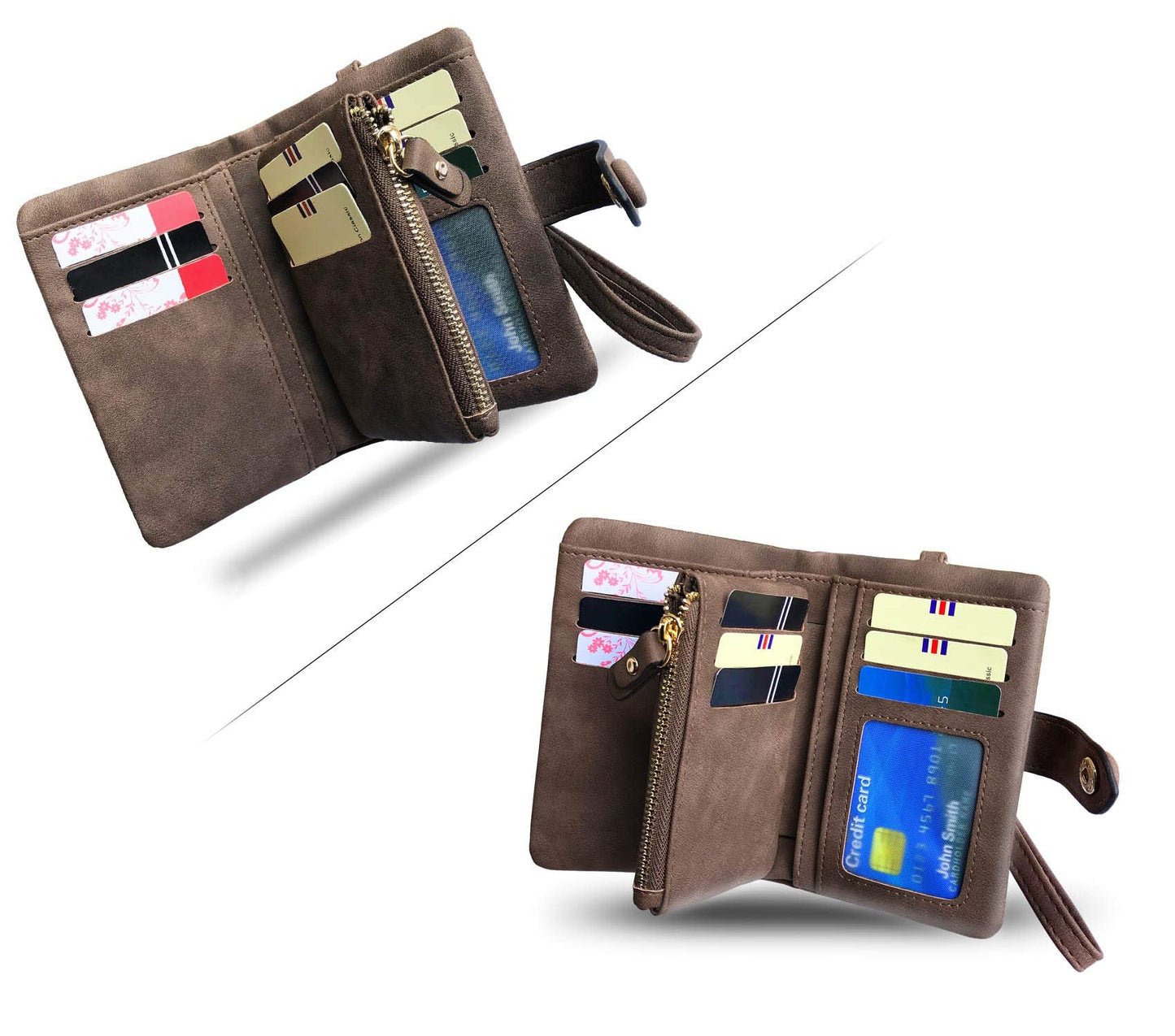 PofeeXIO Womens Small Bifold Leather Wallets Rfid Ladies Wristlet with Card slots id window Zipper Coin Purse (Brown)