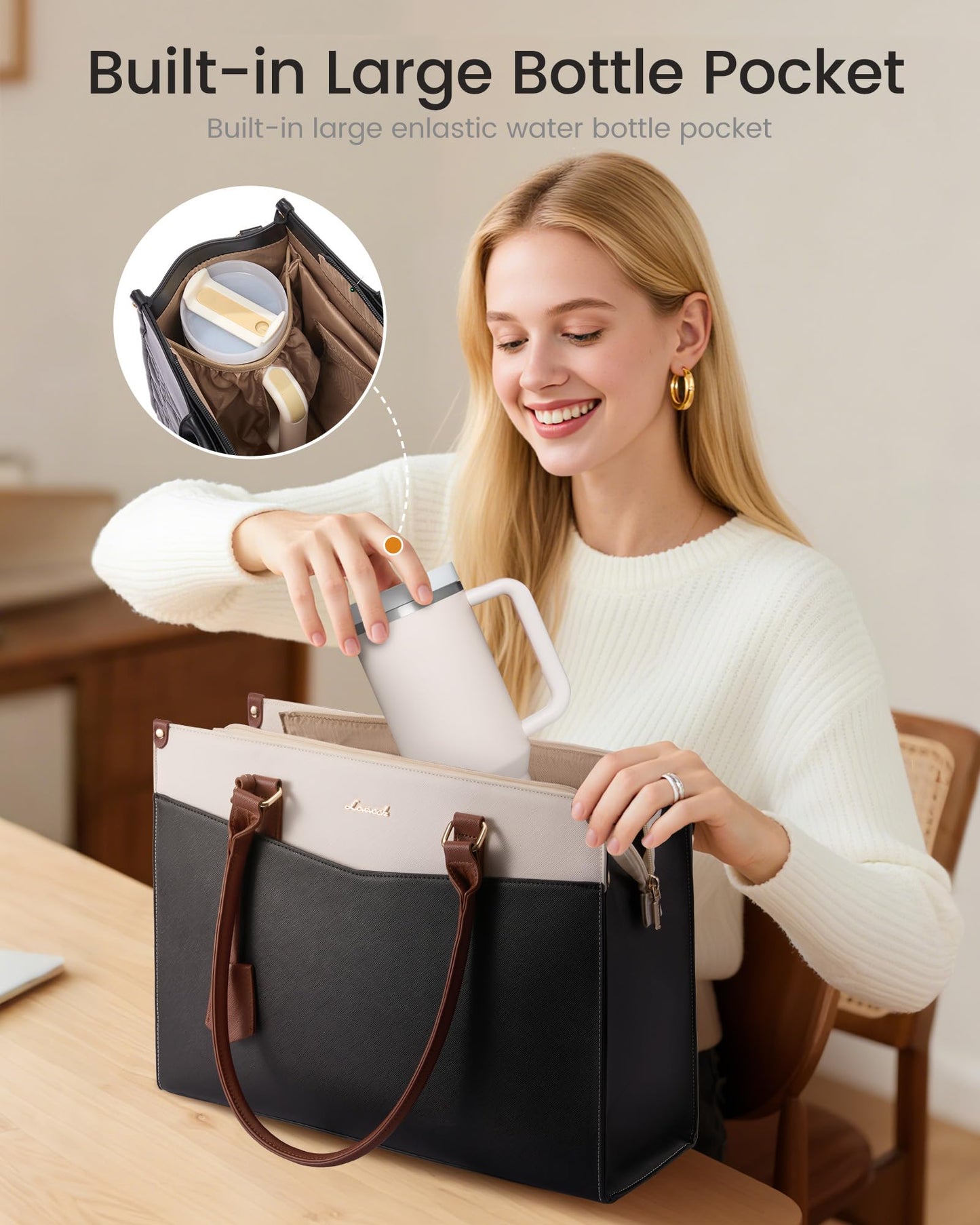 LOVEVOOK Professional Laptop Tote Bag for Women 15.6 inch, 2-in-1 Structured Leather Tote Purse with Clutch & Cup Holder, Large Capacity Work Briefcase for Office Travel, Black-Grey