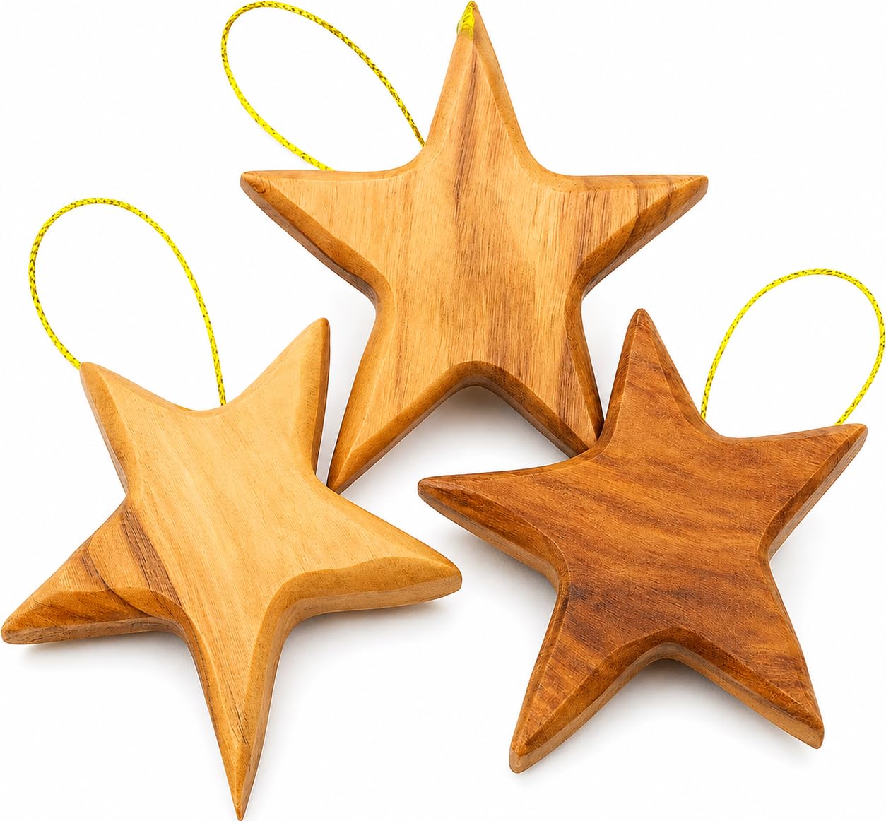 Zuluf Set of 3 Olive Wood Star Ornaments from Bethlehem 2.56 Inch, Handcrafted Star of Bethlehem Christmas Tree Decorations, Rustic Holy Land Christian Wooden Ornaments, with Certificates