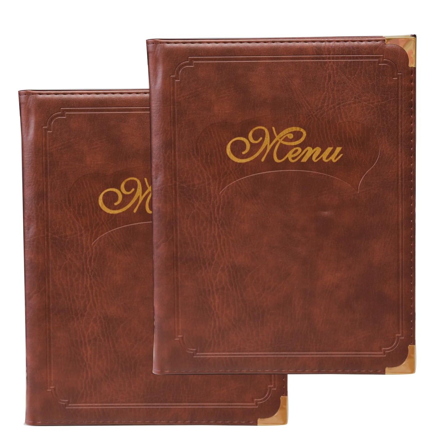 Premium Brown Faux Leather Menu Covers - Set of 2, 7-Page 14-View Restaurant Menu Holders, 8.5x11 Inch with Replaceable Sheets & Metal Corners for Cafes, Hotels