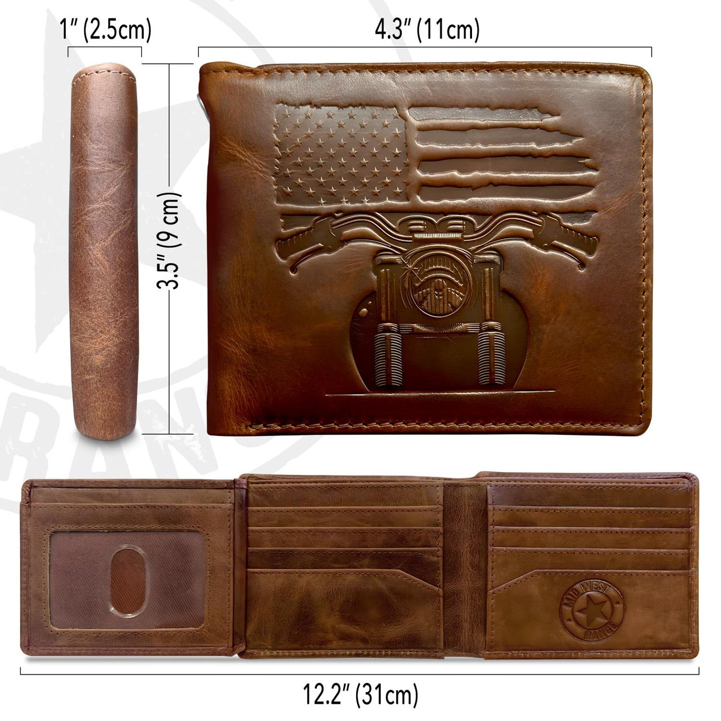 MID WEST RANGE Father's Day Wallet - Patriotic Biker Bifold Wallet with Chain for Men – Distressed Brown Leather, RFID-Blocking w. 10 Card Slots, Flip-Out ID Holder, American Flag & Motorcycle Design