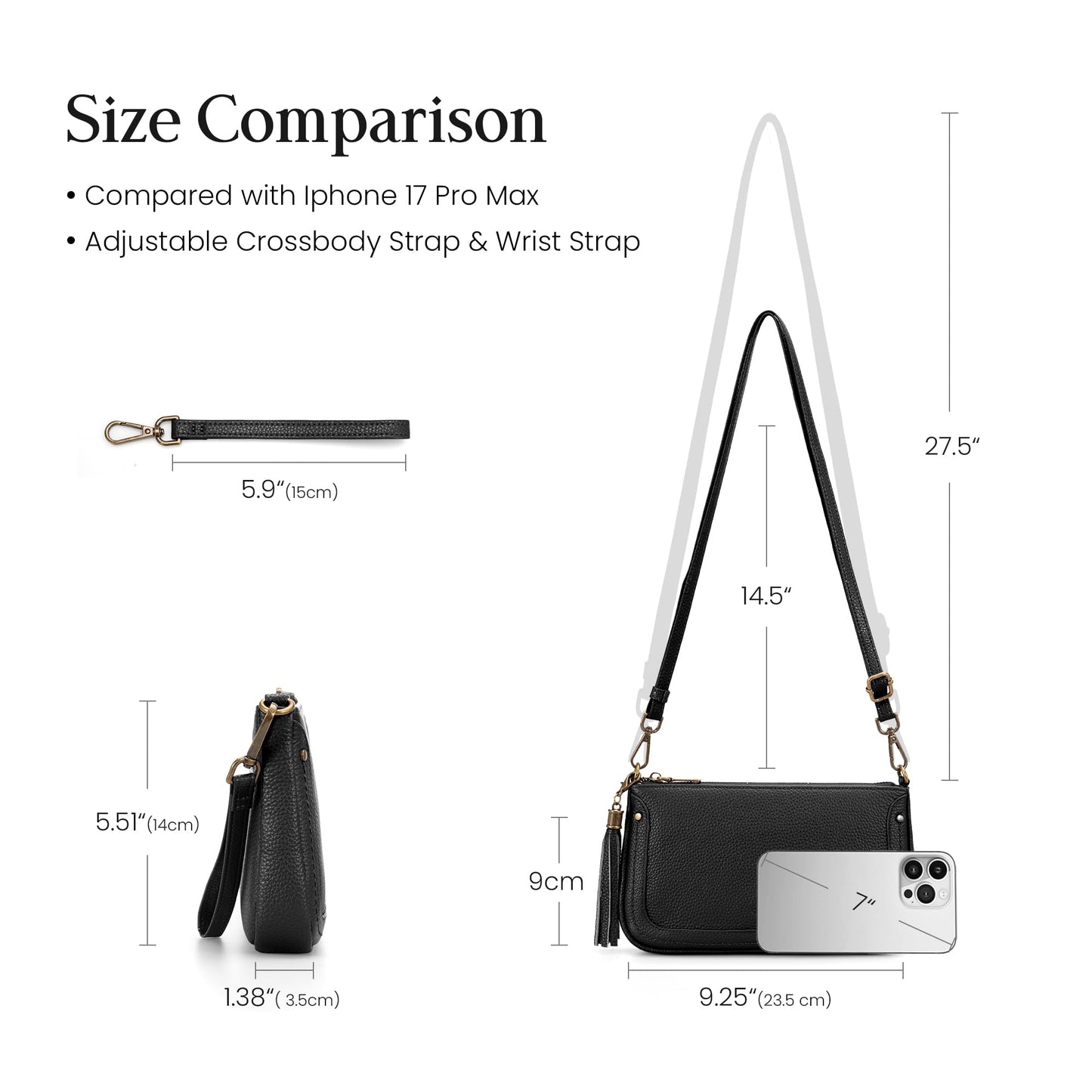 befen Genuine Leather Wristlet Wallets for Women, Black Cell Phone Purse with Built in Wallet Soft Real Leather Crossbody Bag with RFID Blocking Small Cluth Purses with Wrist and Crossbody Strap
