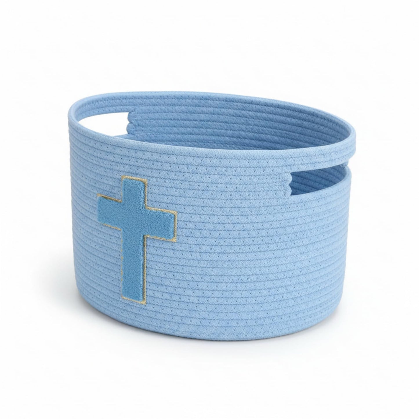 Sliner Christian Gifts Basket with Handles, Christian Cross Design Cotton Rope Basket Gifts Stuffers Storage for Christenings Religious Christmas Occasions, 15 x 10 x 9 Inch(Blue)