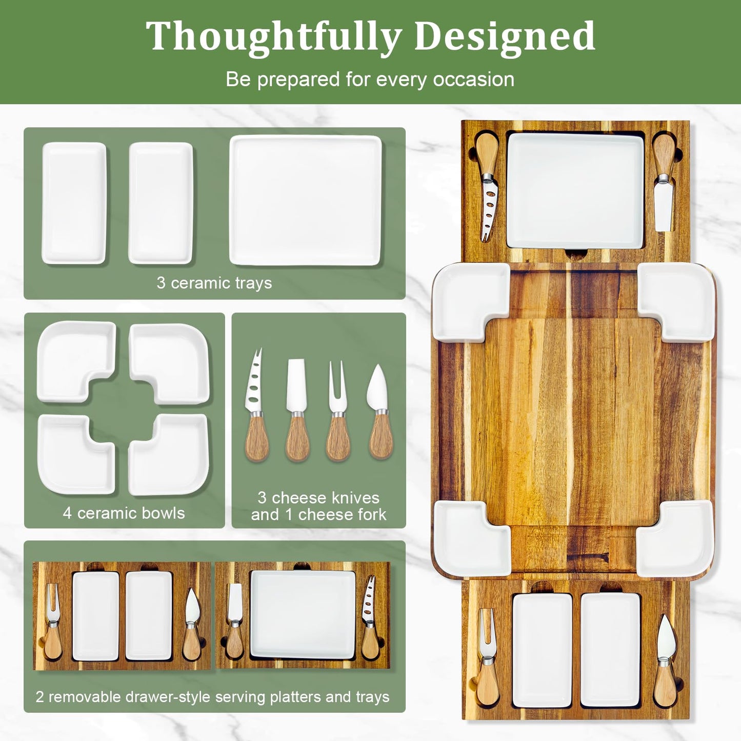 Graceware Charcuterie Board Set(16.5"×15"×2.8") - Premium Wooden Cheese Board with Four Ceramic Bowls and Charcuterie Boards Accessories for Bridal Shower Gifts, Wedding Gifts & Housewarming
