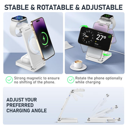 Magnetic Wireless Charger Stand, 3 in 1 Foldable Wireless Charging Station with 20W Adapter, Travel Charger for Multiple Devices for iPhone 17 16 15 14 13 12 Pro/Max/Plus/Mini, iWatch, AirPods