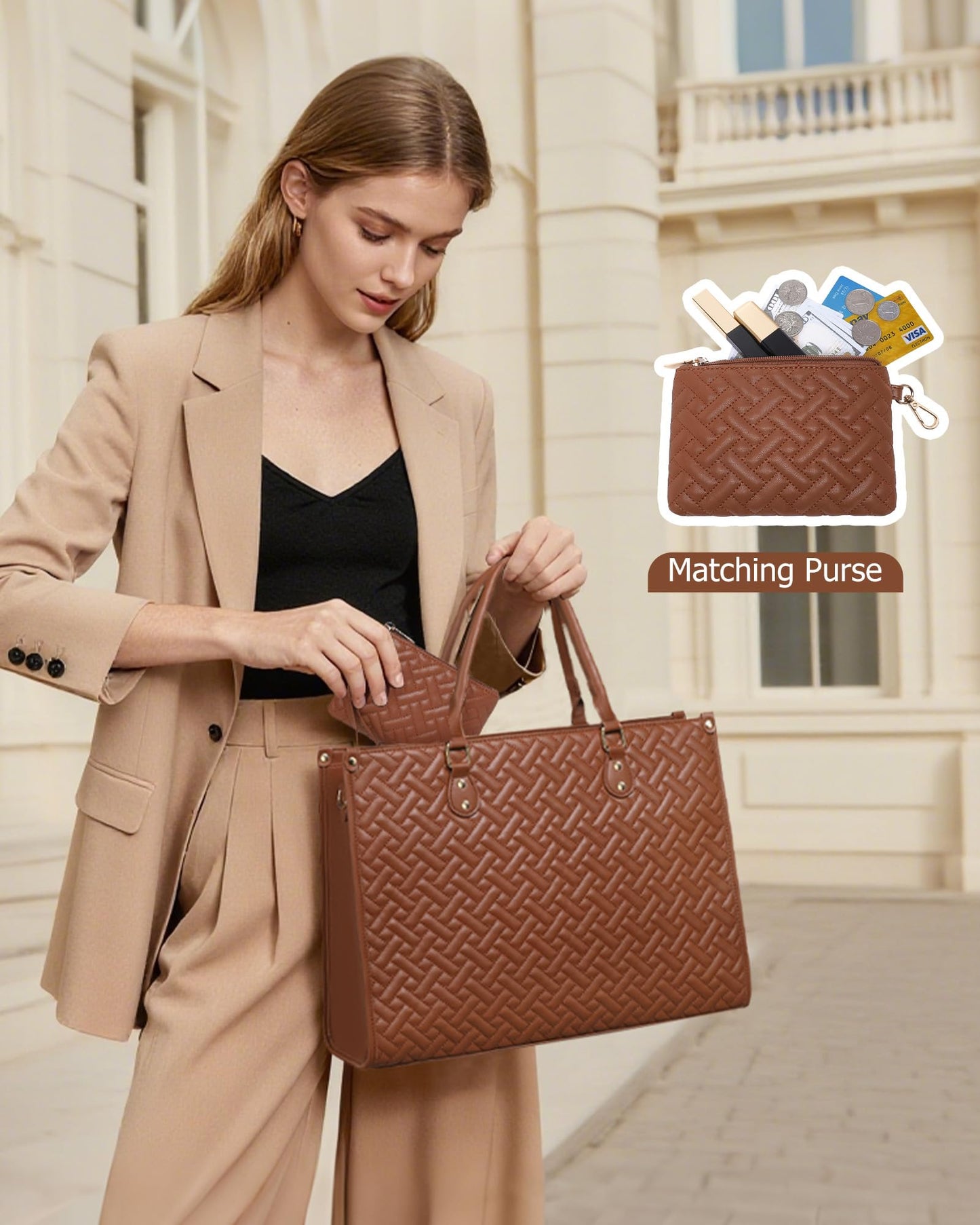 BAVERGE Lunch Tote Bag for Women, Vegan Leather 15.6” Laptop Bag with Insulated Compartment Quilted Purse for Work Teacher Nurse