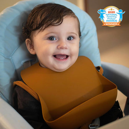 Moonkie Silicone Bibs Set Of 3, BPA Free Soft Adjustable Fit Waterproof Feeding Bibs for Babies and Toddlers(Cream/Buck/Olive Green)