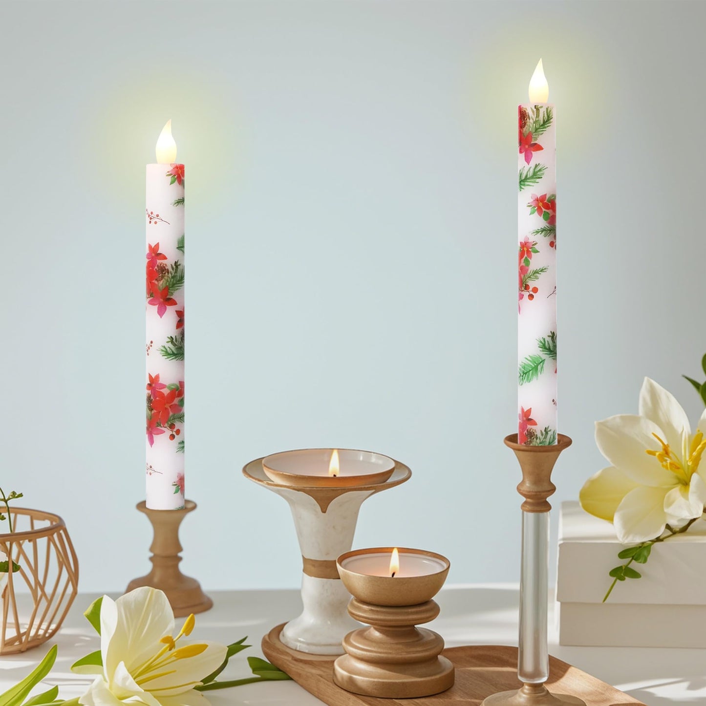 Holitown Christmas Flameless Taper Candles 2 Pack Christmas Poinsettia Flowers Battery Operated Candle with Remote Real Wax Flickering LED Fake Candle Home Decor for Xmas New Year Wedding Party