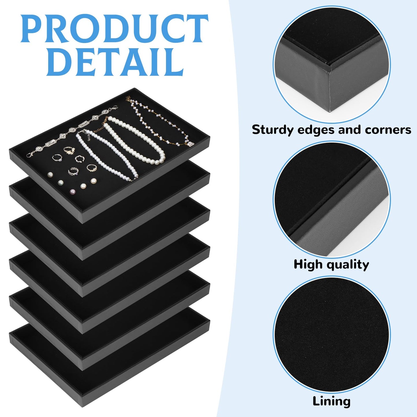 Rainmae 6 Pcs Velvet Stackable Jewelry Tray Showcase Display, Jewelry Organizer Trays for Drawers and Countertop, Black Empty Plates for Necklace, Ring, Bracelet, and Earring Storage Display