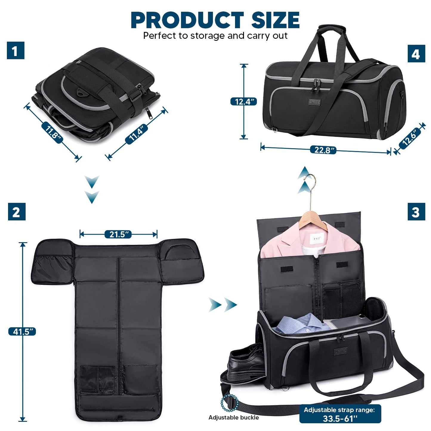 Vessgra Convertible Garment Bags for Travel, 4 in 1 Duffle Bag for Travel 58L Capacity Carry on Garment Bag with Shoes Compartment Travel Garment Bag with Shoulder Straps Suit Bag for Men Women,Black