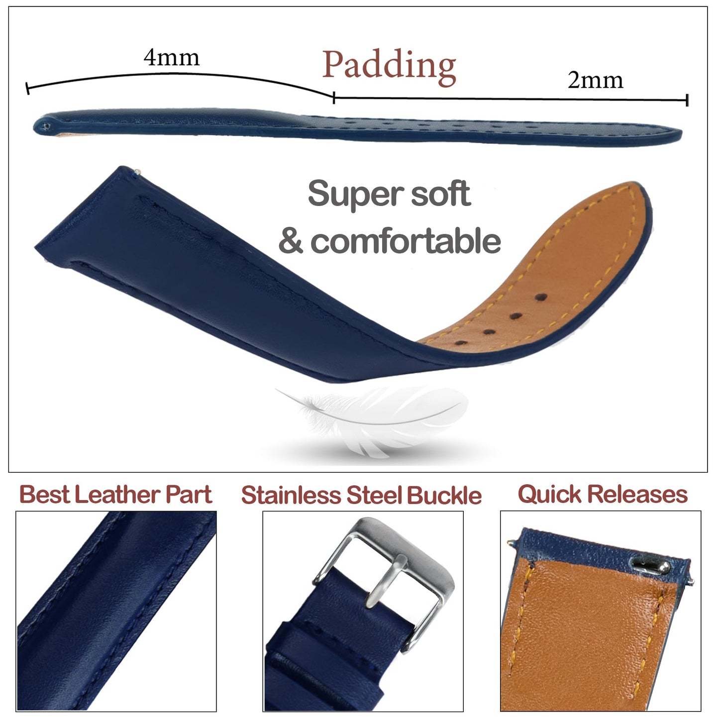 vinacreations 20mm Vintage Blue Leather Watch Band Men Quick Release Replacement Strap Soft Handmade Wristband Stainless Steel Buckle, Christmas Father's Gift for Dad Son Husband DH-204-20MM