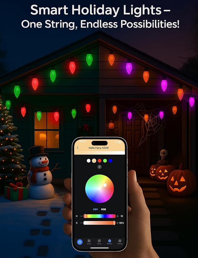 Smart Christmas Lights C9 Outdoor,66FT 100LEDs,App Remote Controlled RGB Chasing String Lights with DIY & Timer,108 Modes, Music Sync,Waterproof for Tree,Garden,Holiday Display,Halloween Lights