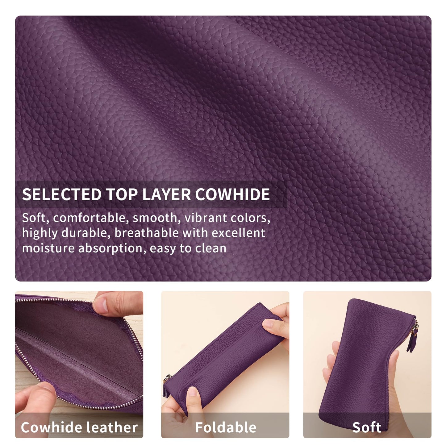 Genuine Leather Zipper Purse, Travel Makeup Bag With Zipper for Men Women Coin Bag Lipstick Cosmetic Accessories Organizer, Travel Kit Storage Pouch (Purple)