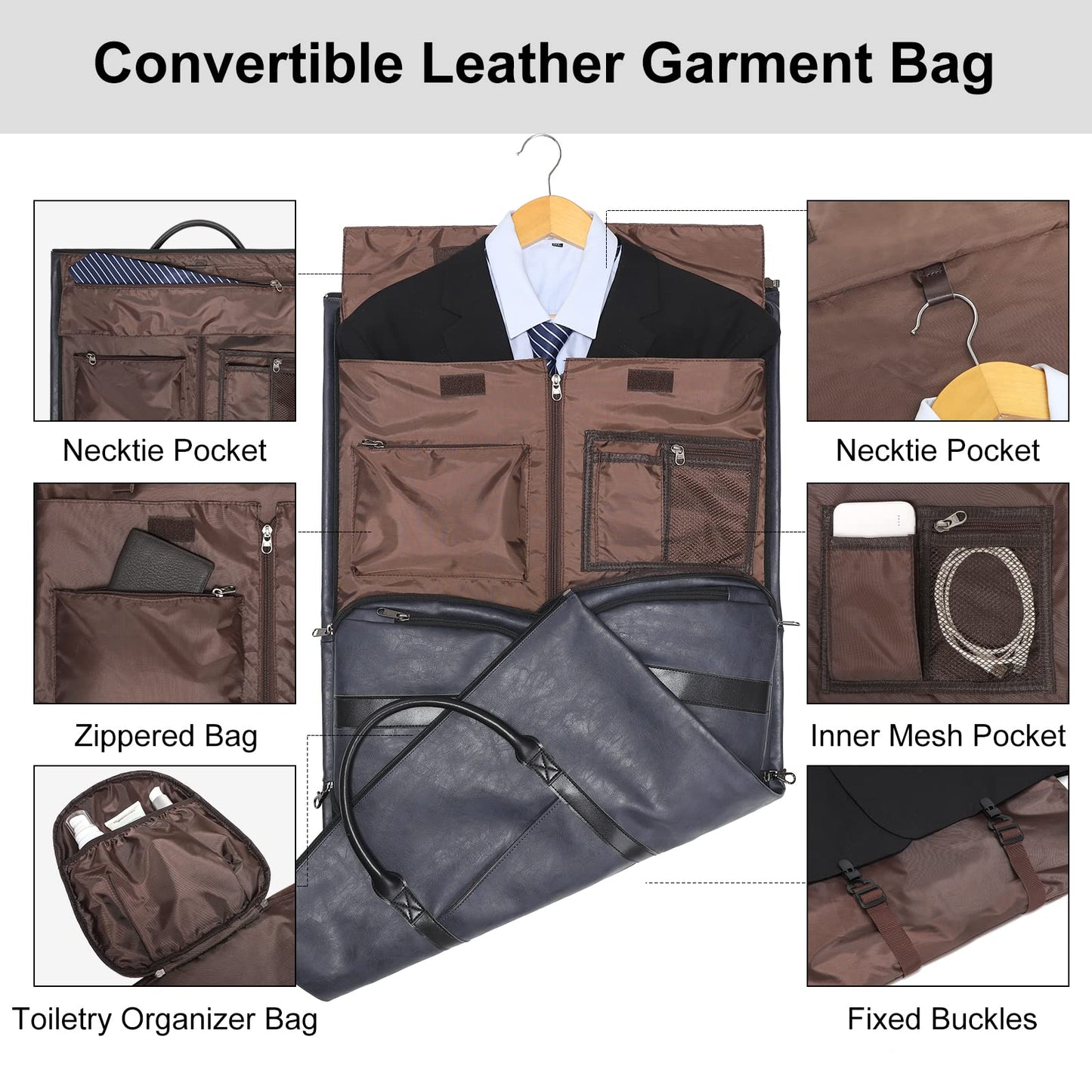 Modoker Convertible Leather Garment Bag, Carry on Garment Bags for Travel, Garment Duffel Bag, Gifts for Men Women Business Waterproof Suitcase Suit Travel Bags, Blue