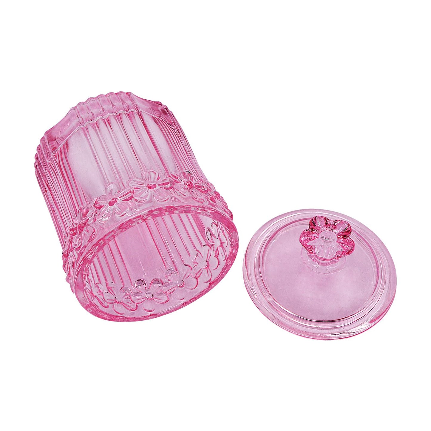2 Pack Qtip Holder Glass Bathroom Storage Canisters for Cotton Rounds, Apothecary Jars with Lids, Cute Crystal Beauty Eggs Makeup Pads Dispenser, Candy Container Floss Organizers (Pink)