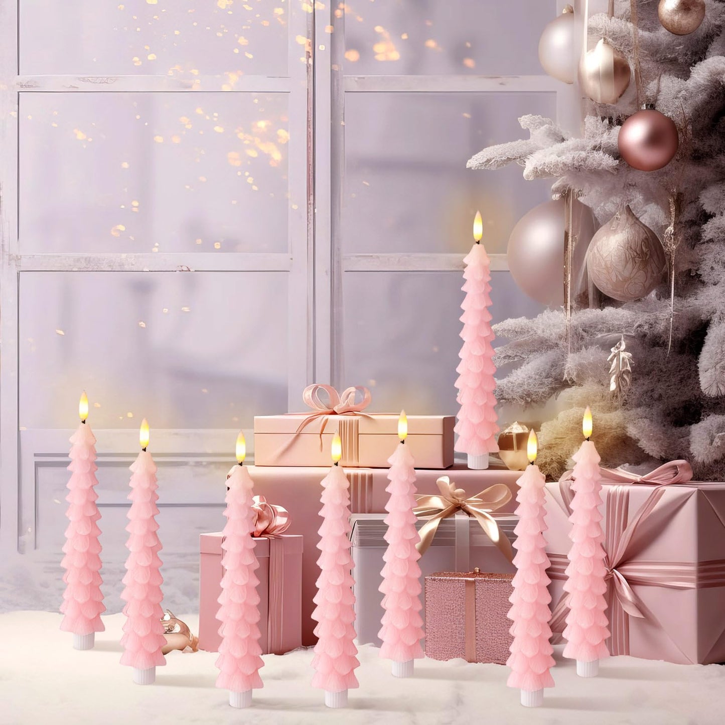 Tujoe 8 Pcs Pink Christmas Tree Flameless Taper Candles with Remote Xmas LED Candlesticks Battery Operated Electric Candlelights 3D Flickering Flame for Holiday Winter Party Table Centerpiece Decor