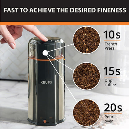 KRUPS Precision Electric Coffee Grinders, 3 oz Capacity, 200W Motor, Stainless Steel Blades for Uniform Grinding of Beans, Herb and Nuts, Coffee and Spice Grinder Electric, (Black)