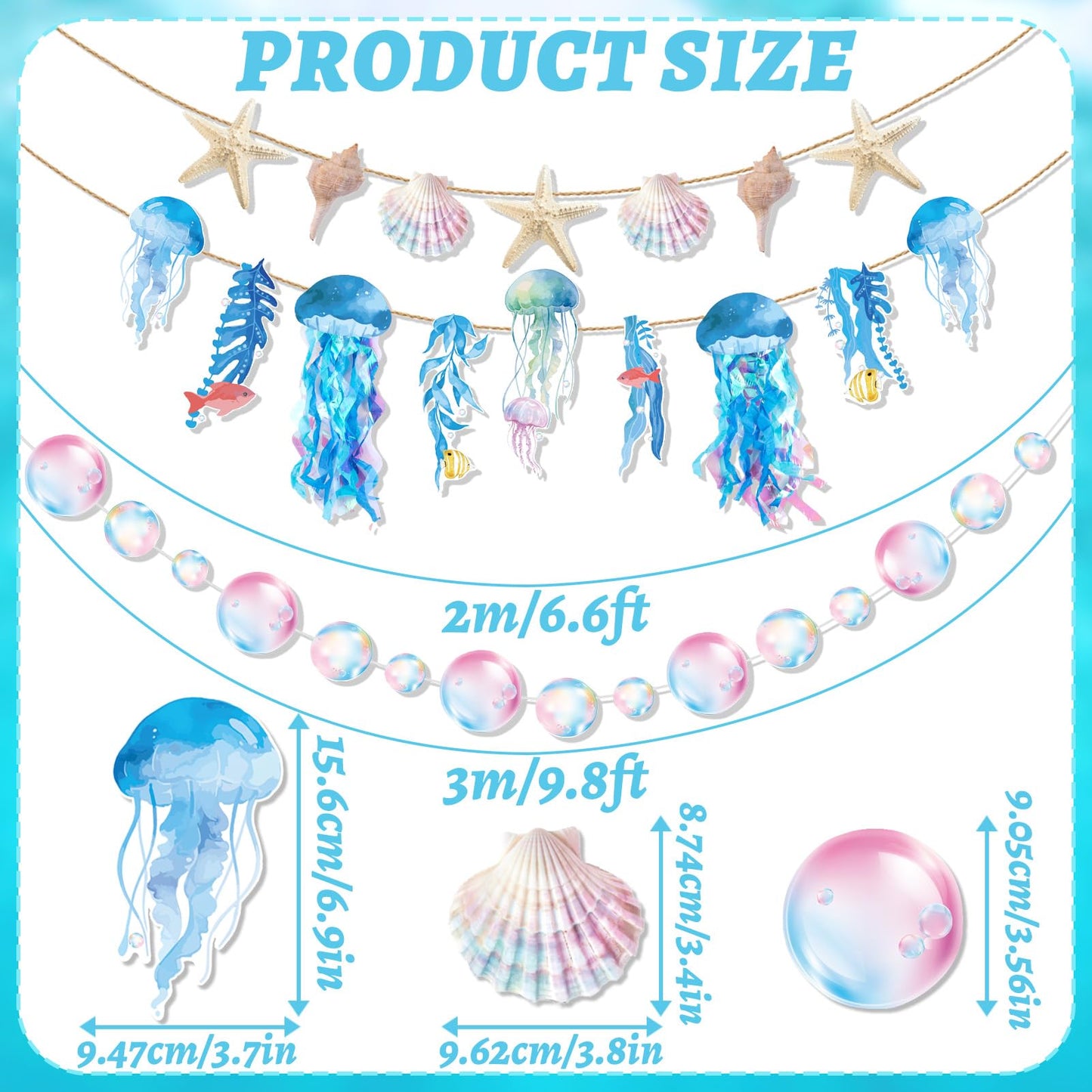 SUNBEAUTY Starfish Seashell Banner Under The Sea Party Decoration Jellyfish Hanging Garland 9.8ft Blue Bubble Garlands for Ocean Beach Theme Birthday Decor Mermaid Summer Party Decor