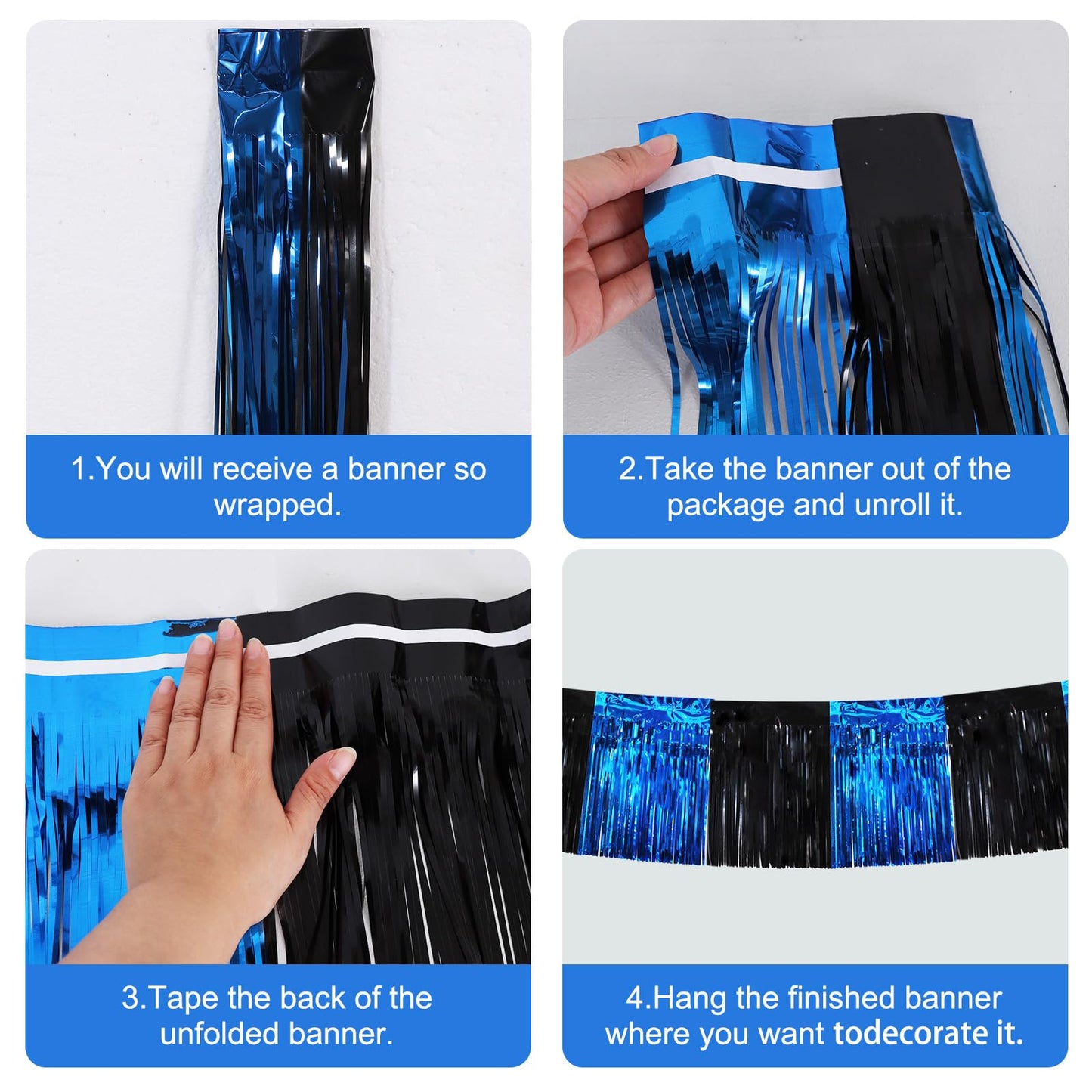 BEISHIDA 3 Packs Metallic Foil Fringe Garland Black Blue Wall Hanging Tinsel Fringe Banners for Car Floats Bridal Shower Wedding Birthday Easter Graduation Holiday Party Decoration(30 Feet)