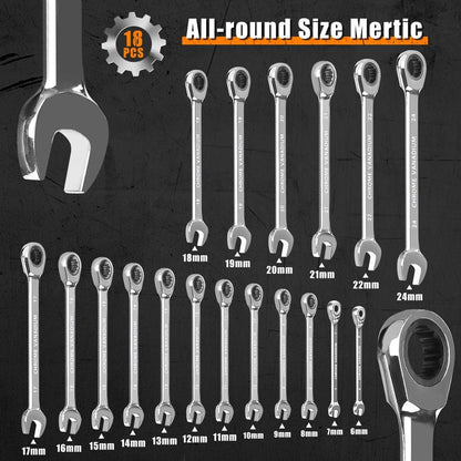 Egofine Ratcheting Wrench Set, 6 mm - 24 mm Metric Wrench Set 18pc, 72 Teeth Combination Wrenches Set, Chrome Vanadium Steel with a Roll Up Storage Bag
