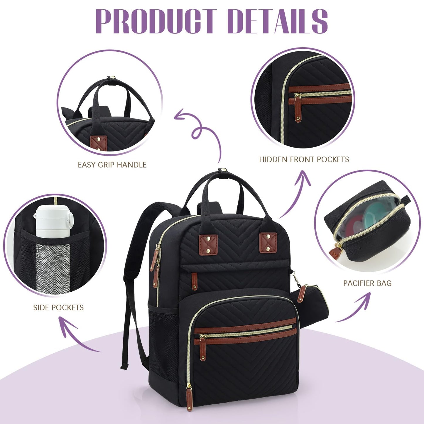Tuwubi Diaper Bag Backpack, Baby Essentials Travel Tote Bag, Multi function Waterproof Backpacks, Travel Essentials with Stroller Straps & Pacifier Case - Black