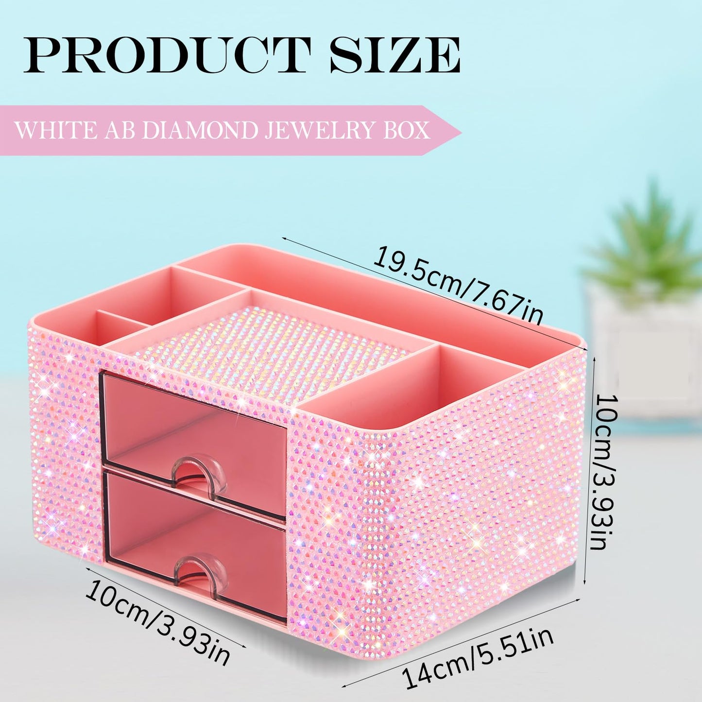 MotiMind Pink Bling Desk Organizer with 2 Drawer, Sparkly Makeup Organizer for Vanity, Girly Desk Accessories, Rhinestone Pen Holder, Elevate Your Workspace with Pink Serenity (Diamond)
