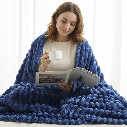decorUhome Soft Fleece Navy Blue Throw Blanket for Couch, Cozy Fluffy Plush Flannel Striped Blanket for Sofa Bed, Lightweight Decorative Ribbed Fuzzy Blanket for Woman, 50x60 Inches