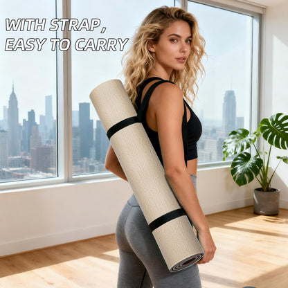 ILILI Yoga Mat 10mm Extra Thick and Extra Long, 76x28×0.4 Inch, Double Color Non-Slip TPE Material, Easy Carrying with Strap, Ideal for Yoga, Pilates, Floor Exercise, Home and Outdoor Use, Eco Friendly (Beige+Brown)