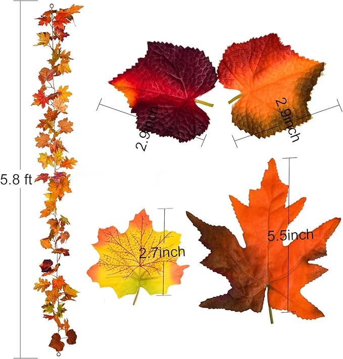 Lvydec 2 Pack Fall Maple Garland - 5.9ft/Piece Artificial Fall Foliage Garland Colorful Autumn Decor for Home Wedding Party (Mixed Color)