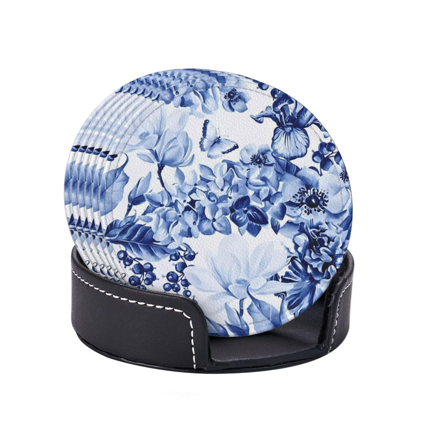 6 Pcs Blue and White Floral Leather Coasters for Drinks with Holder Coaster Sets Drink Table Cup Coasters for Living Room Kitchen Coffee Decor