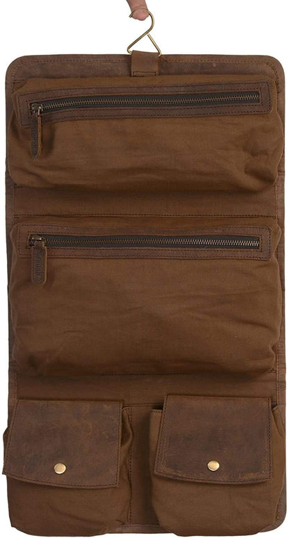 KomalC Premium Buffalo Leather Hanging Toiletry Bag Travel Dopp Kit (Distressed Tan)
