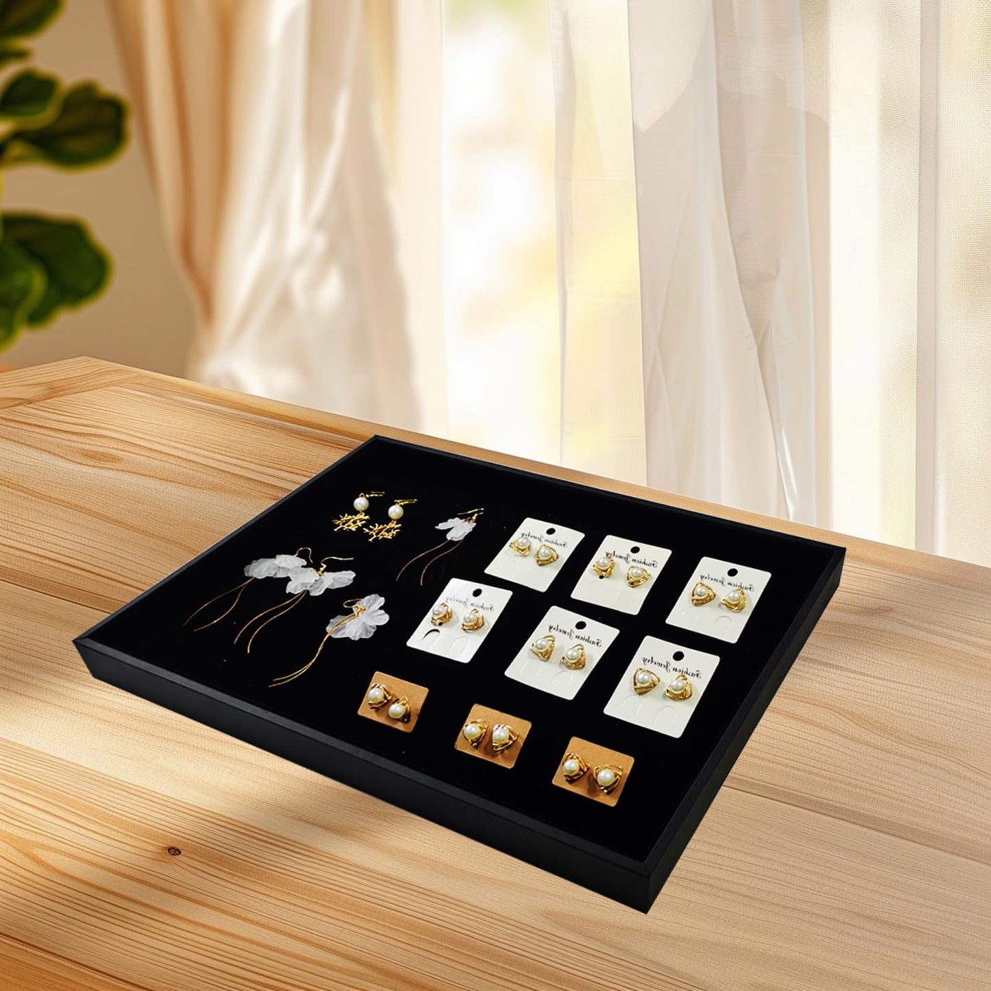 SCIKHEFT Black Velvet Stackable Jewelry Display Tray Storage Organizing Trays Empty Plate (13.78" L x 9.45" W x 1.18" H in) (2)