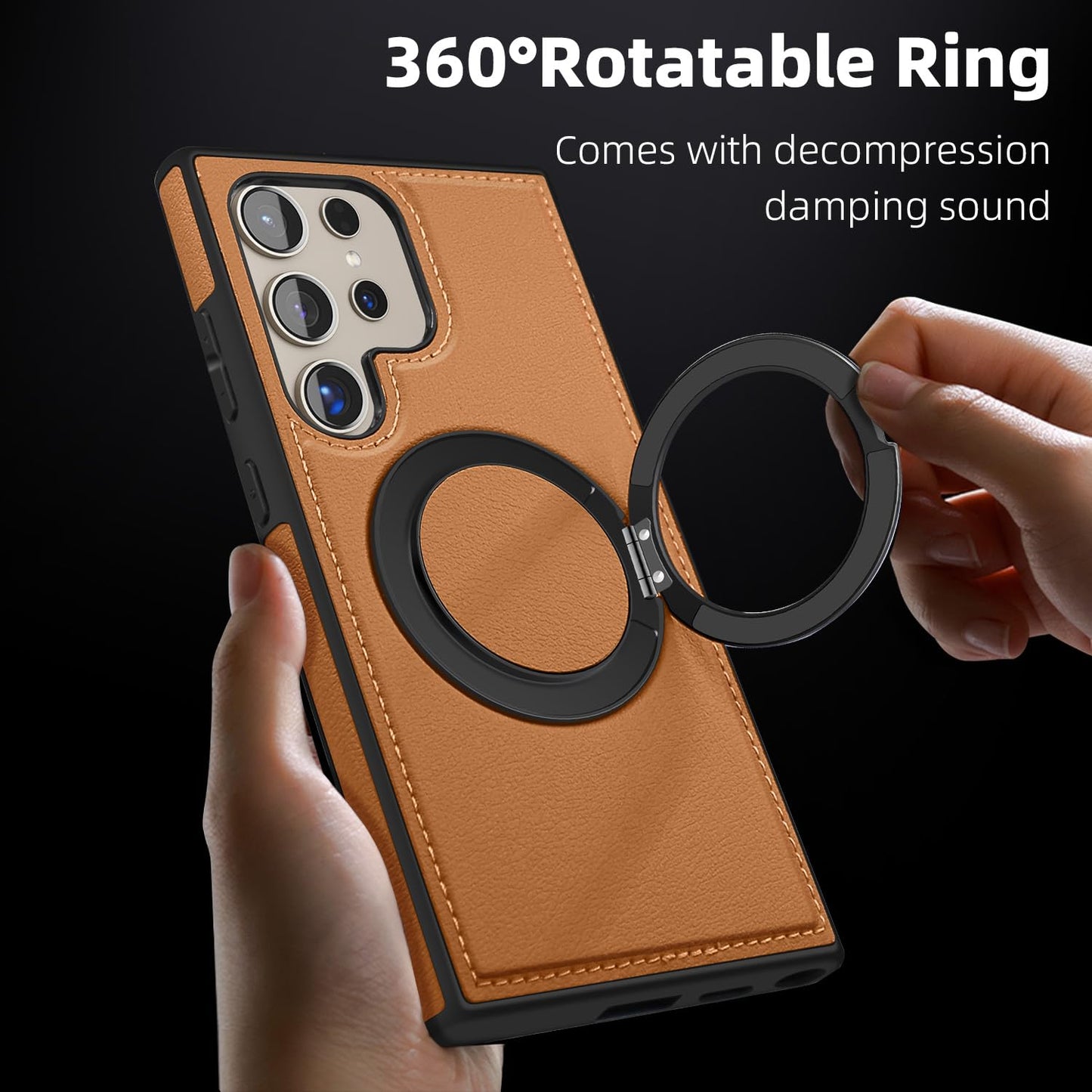 Newhalper Magnetic PU Leather Case Fit for Samsung Galaxy S24 Ultra [Compatible with MagSafe][360-Degree Rotatable Ring Stand & Kickstand] Phone Cover for Samsung S24 Ultra (Brown)