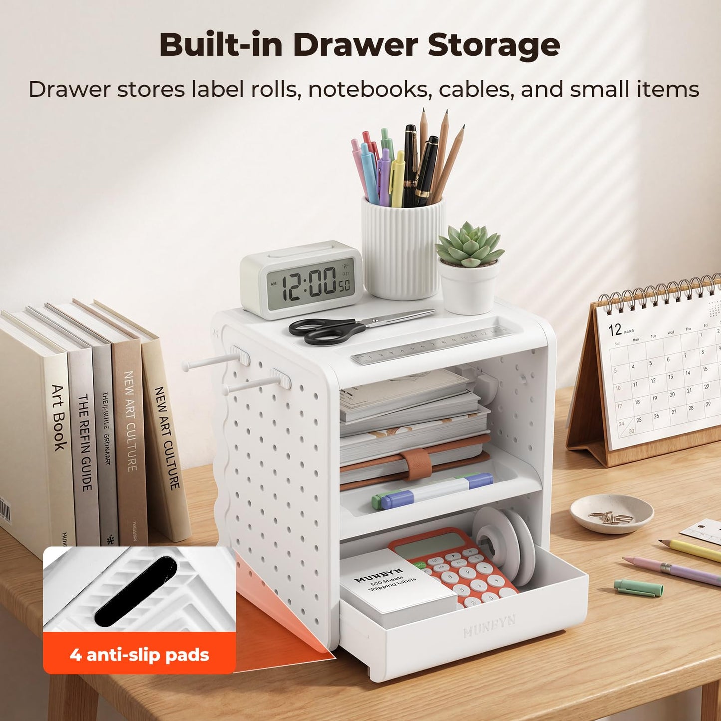 MUNBYN ILH03 4x6 Thermal Label Holder, 5-in-1 Sticker Holder with 3-Tier Shelf, Drawer, Hooks & Pegboard, for Shipping Label Printing, Office, Small Business, Home