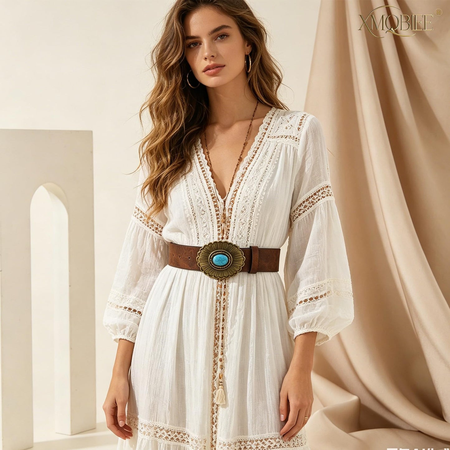 XMQBIEE Women's Western Leather Belt with Turquoise Buckle Engraved Cowboy Waist Belt for Jeans Dresses Country Concerts