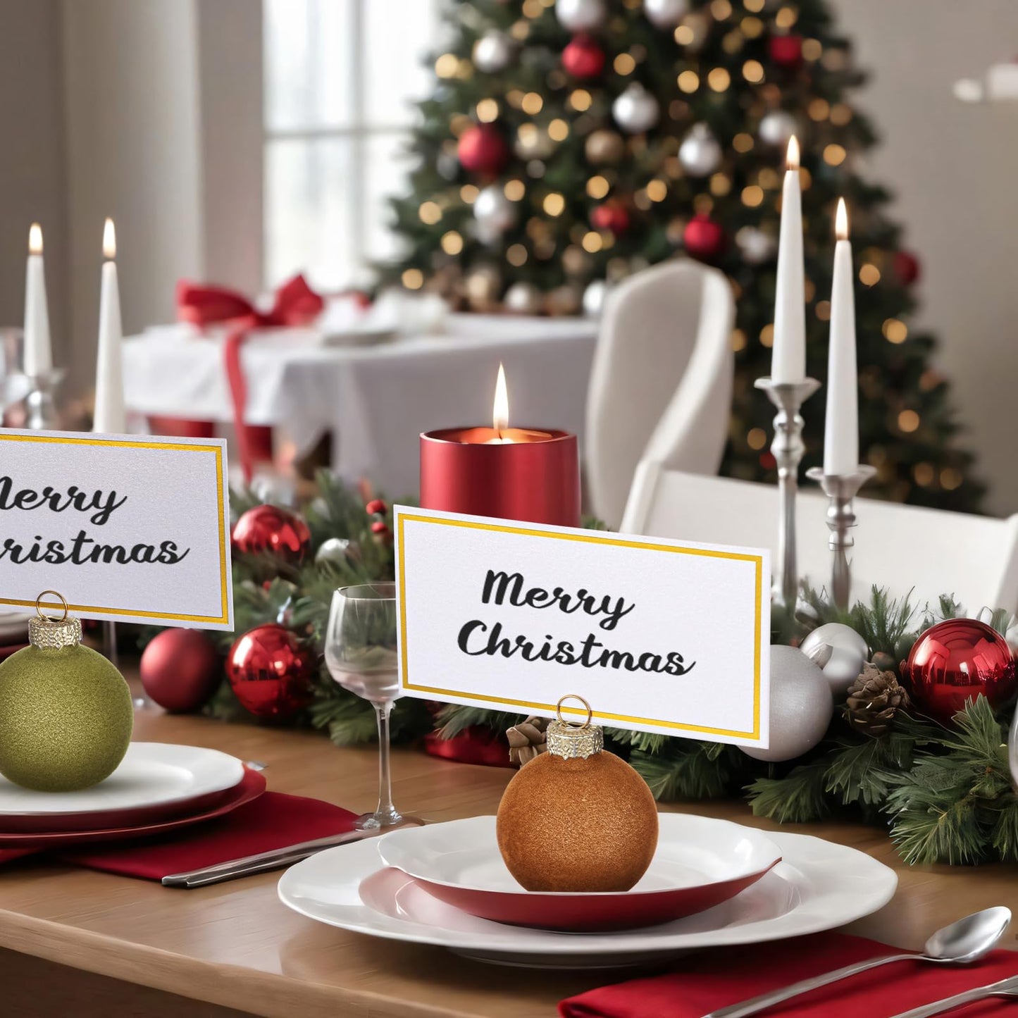 Nitial 12 Pcs Velvet Christmas Ornament Place Card Holders and Name Cards Set for Table Setting 1.57'' Glass Green Cream Tan Brown Table Number Sign Photo Picture Holder for Xmas Holiday Party Decor