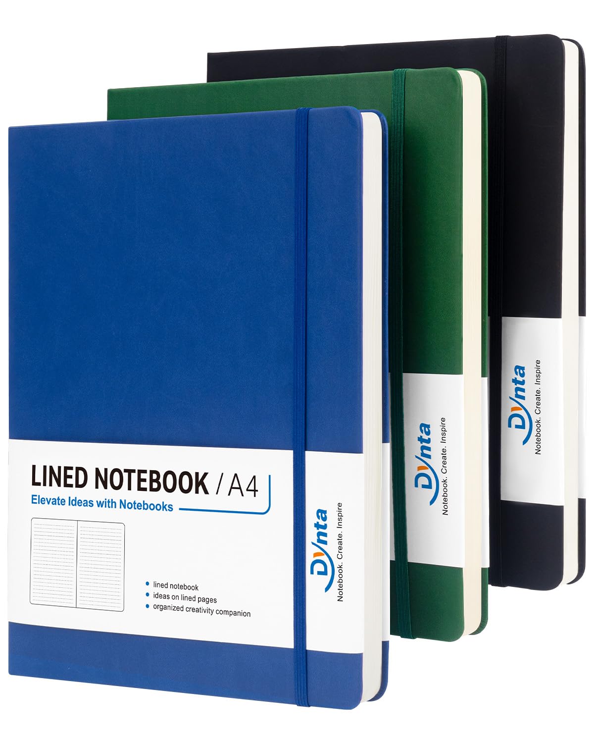 Dynta A4 Lined Journal Notebooks 3 Pack 8.5" x 11" Leather Hardcover Journals 200 Pages/100 Sheets Large Notebooks for Work, Journaling, Note Taking (Black, Green, Blue)